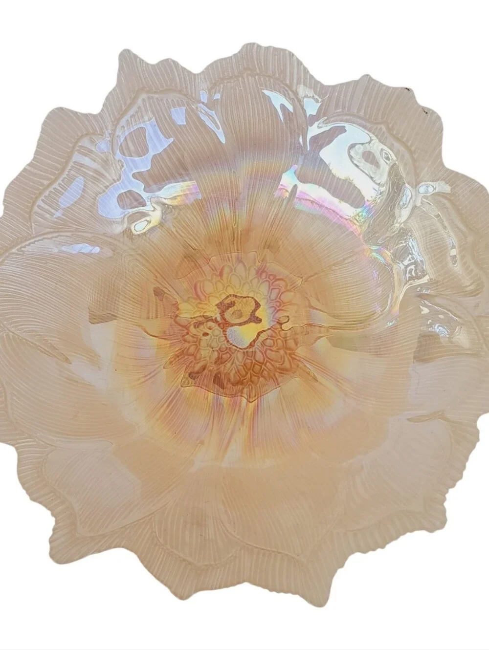 Vintage Iridescent Carnival Glass Bowl Marigold Ruffled Edge Floral 11”